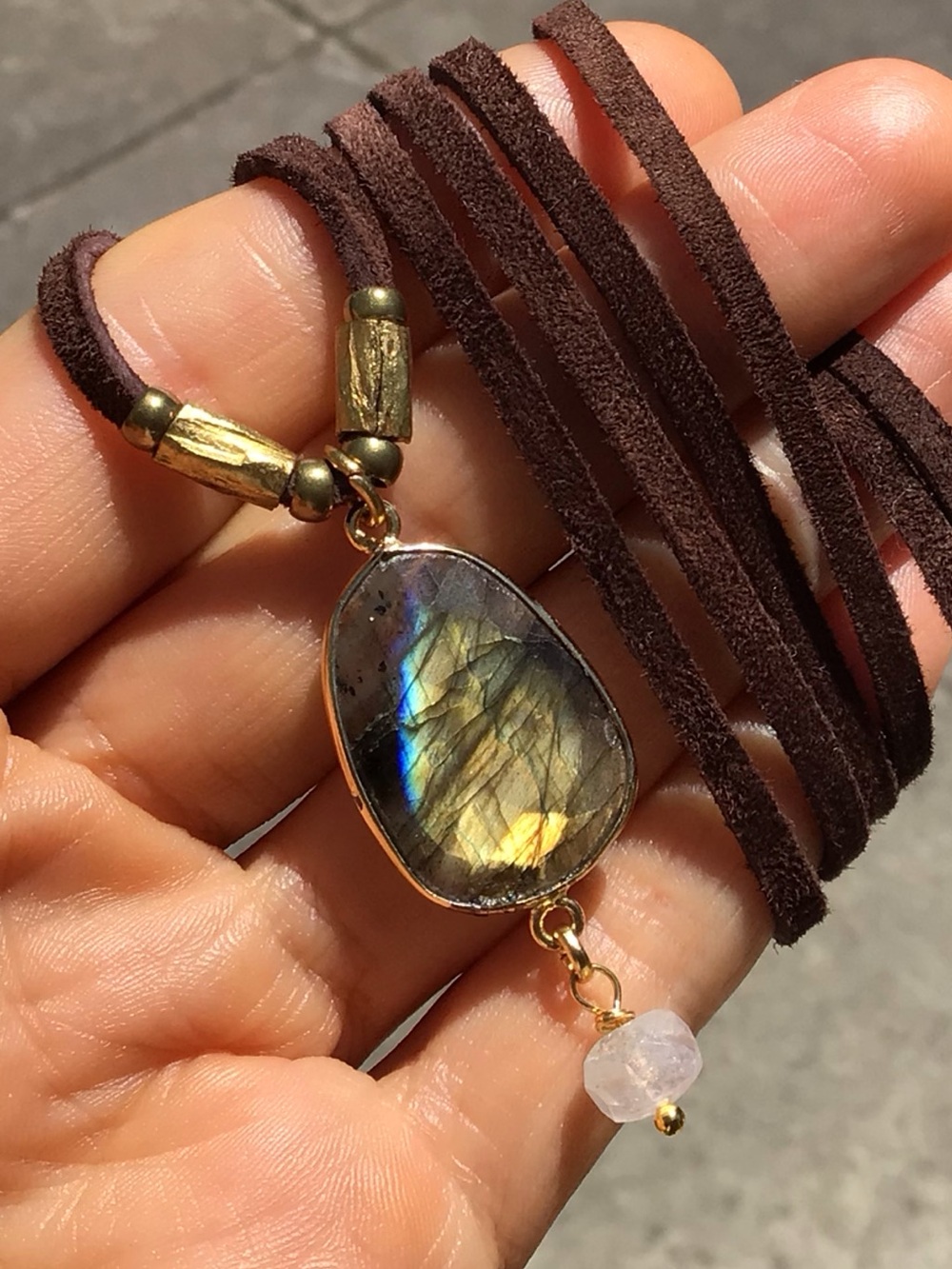 Natural Labradorite Moonstone leather suede cord Sundance Charm Necklace SALE